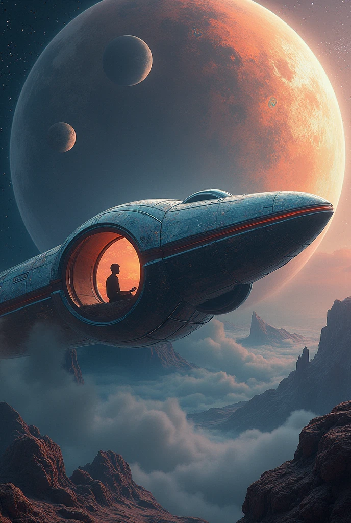 Alien spaceship with a person sitting inside the open window with space and large planets in the background 