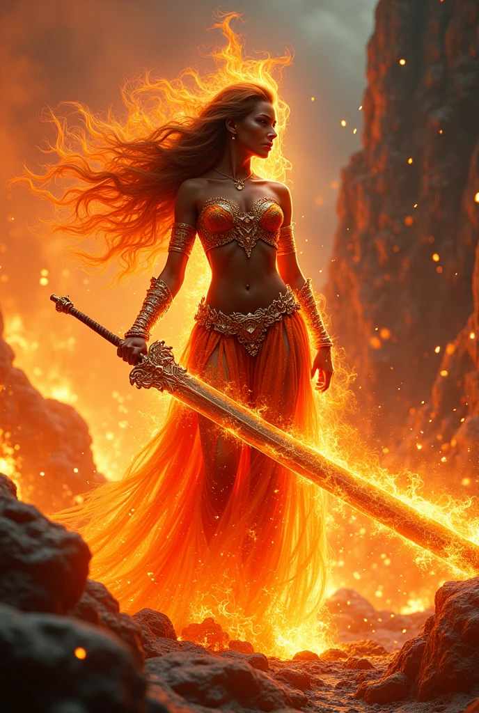 arafed woman in a costume with a sword and fire, hot fire goddess, epic 3 d oshun, appears as the fire goddess, fire goddess, goddess of fire, she has fire powers, lava and fire goddess, fire!! full body, the fire queen, dark skin female goddess of love, bodybuilder superhero bikini, her body made of flames
