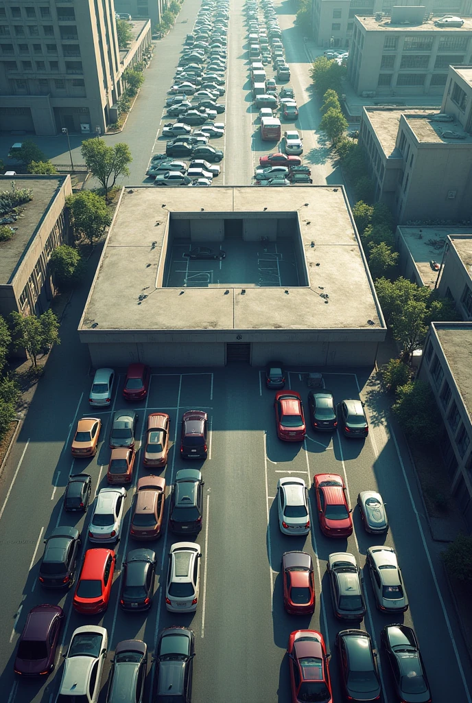 Large parking lot with cars, with concrete roof with a square on top