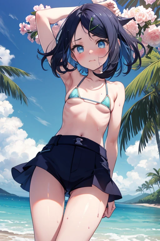 (((Light blue micro bikini bra, nipslip, Underboob))), Detailed depiction of nipples,  , cute, (masterpiece, Highest quality, 8K ultra-high resolution:1.4), Pokemon Riko, (tropical, Beachside, Flowers: 1.4), Written boundary depth, Focus of the film, From a dramatic angle, Emotional composition, Emotional engine full throttle BREAK Young and cute girl, Slender body, Flat Chest, Provocative, ((Embarrassed face)), Expressions of affection, Highly detailed glossy skin,Sweat,  topless, Exposed breasts, Shorts, Wet and shiny thighs, 完璧なPokemon Rikoトップブレイク
, Wind, detailed in the Wind, petals dancing in the Wind
BREAK
ultra detailed crystal eyes, Eyes like shining jewels