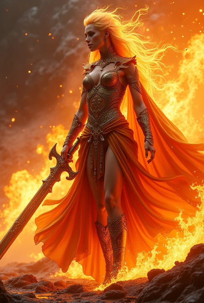 arafed woman in a costume with a sword and fire, concept art inspired by Ryan Barger, Artstation, fantasy art, hot fire goddess, epic 3 d oshun, appears as the fire goddess, fire goddess, goddess of fire, she has fire powers, lava and fire goddess, fire!! full body, the fire queen