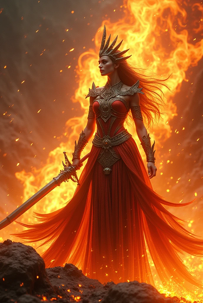 arafed woman in a costume with a sword and fire, concept art inspired by Ryan Barger, Artstation, fantasy art, hot fire goddess, epic 3 d oshun, appears as the fire goddess, fire goddess, goddess of fire, she has fire powers, lava and fire goddess, fire!! full body, the fire queen