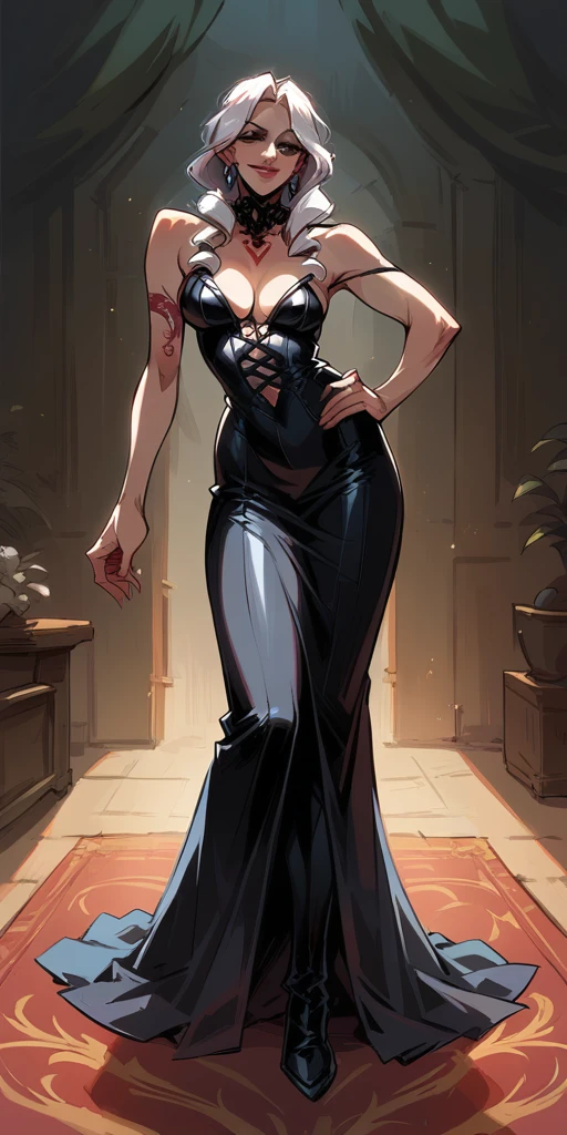 Setting: Royal bedroom - Grand, opulent, with rich fabrics and tapestries Character: Appearance: White hair - Short, styled in a sharp bob Full figure - Curvaceous Attire: High boots - Leather, reaching up the calves Elegant outfit - Befitting the royal setting (consider a dress, gown, or ensemble) Red tattoo - Delicate design on the navel Face - A confident smirk plays on her lips, eyes sparkling with amusement Pose: Full body - Standing tall Hands - Resting on ???? in a commanding posture Additional details: (add to the background a four-poster bed, a plush rug, ornate furniture)