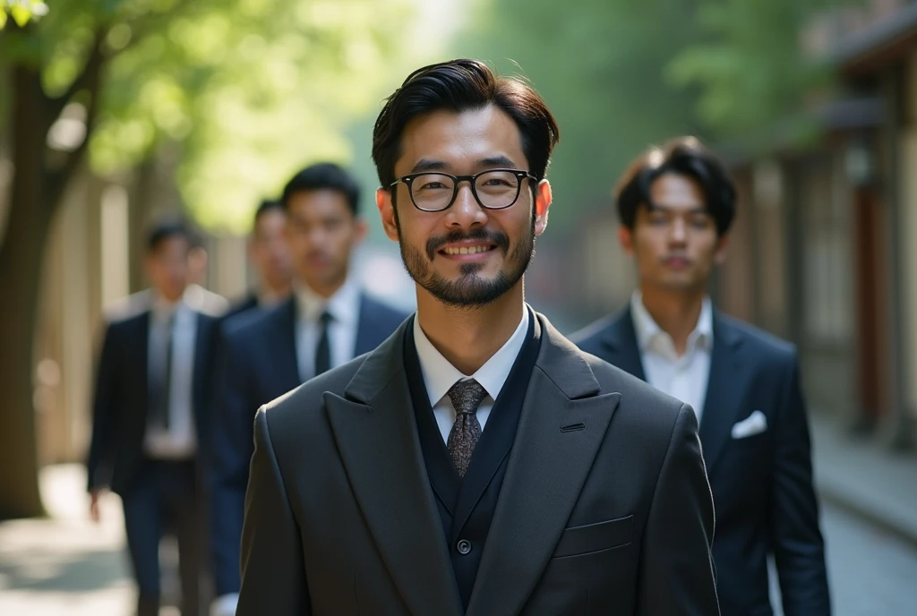 Six Japanese men, dressed to the nines in natural light, are captured with serene expressions.、It shows his inner peace and outer charm.、I don't have a beard。