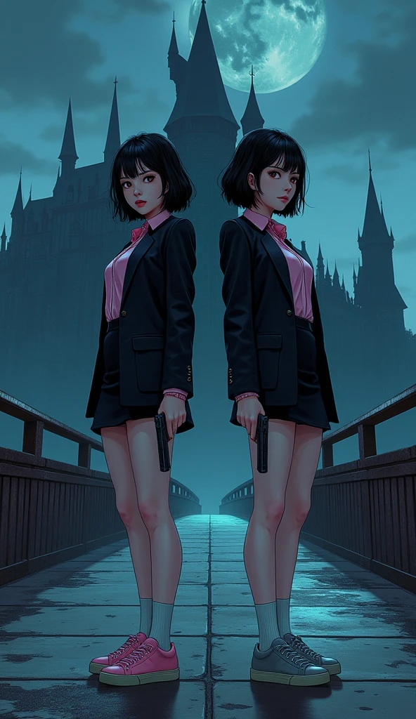 Two girls, short black hairs, (The first girl wear a black suit, pink shirt, black pencil skirt, white socks, pink sneakers), (The second girl wore a black suit, grey shirt, black pencil skirt, white socks, grey sneakers), holding a handguns, back to back, standing to the long bridge of the vampire castle, night, cartoon novel, 4K, HD