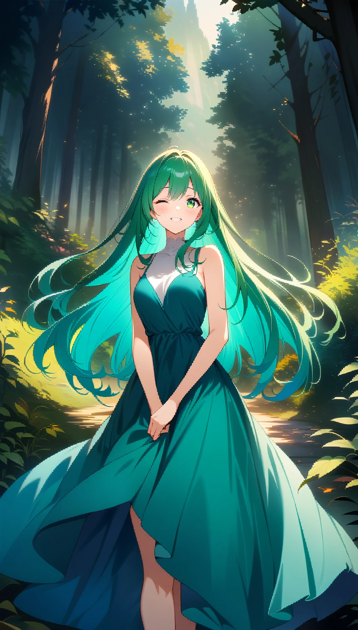 1 girl, beautiful girl, green hair, very long hair, Hair floating, green eyes, Laugh with your eyes closed, green dress, Mysterious Forest, cowboy shot, ((32K)), ((best quality)), ((ultra high res)), ((HDR)), ((uhd)), ((extremely detailed CG)), ((unity 32K wallpaper)), ((perfect )), (((illustration))), (((anime colored))),