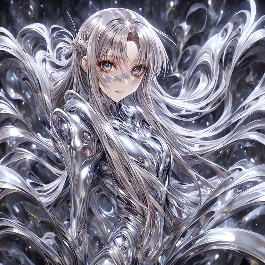 ((Highest quality)), ((masterpiece)), (detailed), (Perfect Face)、The woman is Yuuki Asuna, a completely metallic lifeform with metallic silver skin, a metallic silver face, and metallic silver hair in medium-long layers.、The woman is a metallic lifeform whose entire body and face are made of metal.