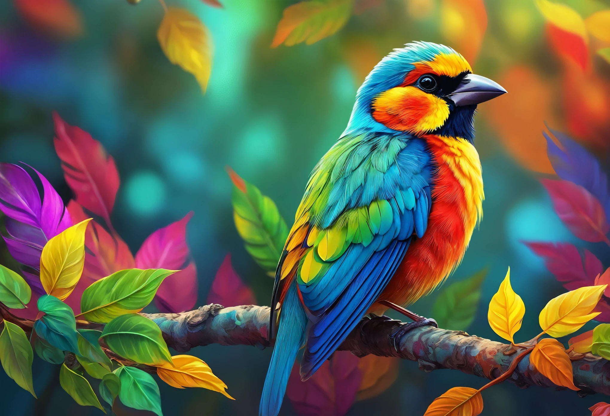 A brightly colored bird perched on a branch with leaves in the background, Digital painting inspired by Charles Bird King, Trending on pexels, Fantasy art, Colorful HD images, Beautiful and colorful, Colorful 8 k, Multicolored birds, Long colorful bird, Beautiful colorful, Beautiful and vibrant colors, Colorful feathers, Colorful 4K, Colourful and detailed
