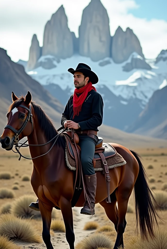 Gaucho with black beret on his head and red scarf around his neck riding his horse in Torre del Paine, profile and horizontal image