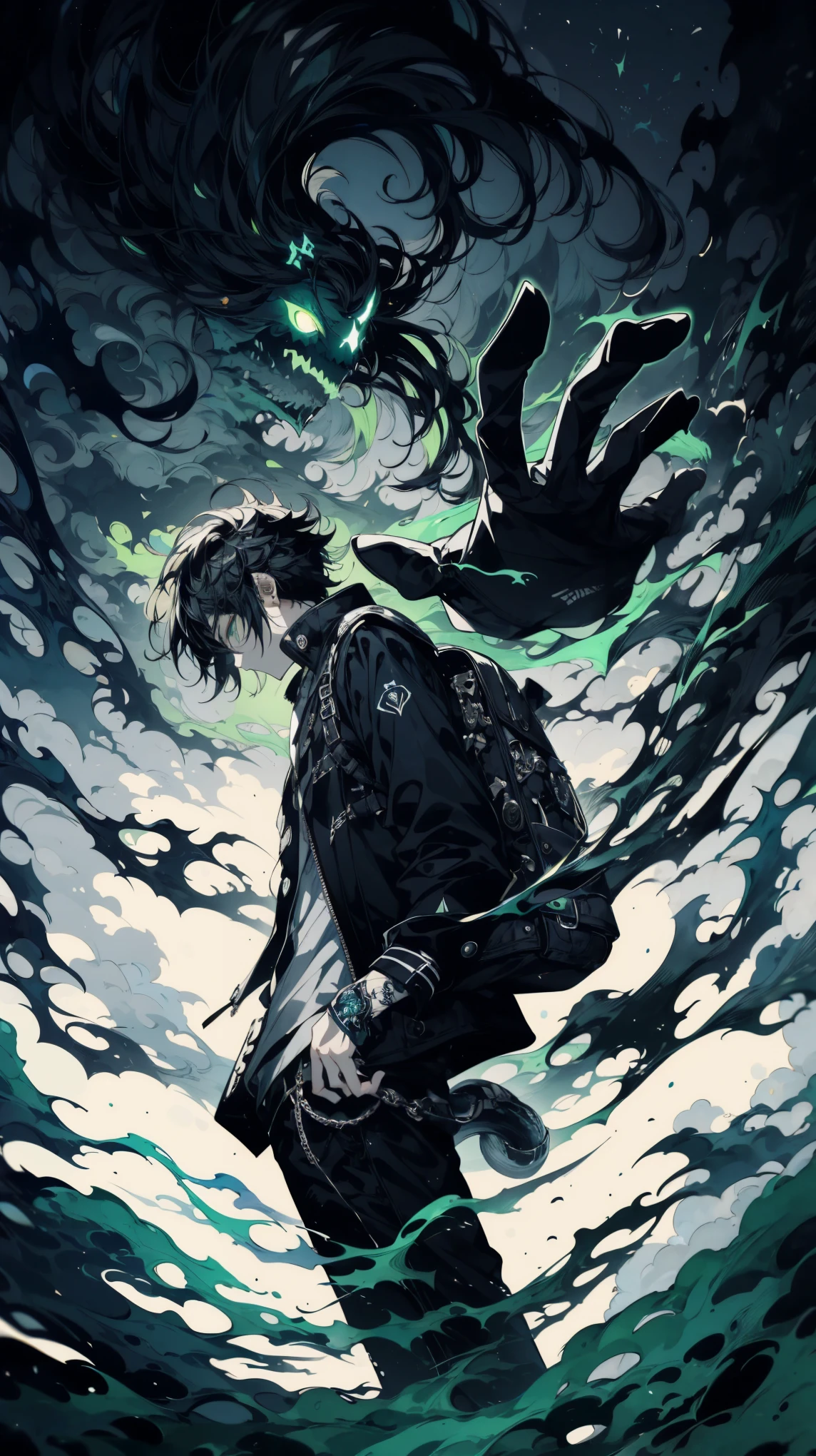  boy, clad in a dark uniform, stands against a backdrop of ominous, swirling clouds. Their hand reaches out, palm forward, as a monstrous, shadowy hand erupts from their back. Green mist creeps around their feet, hinting at supernatural forces at play, (high quality), (masterpiece), (detailed), 8K, Anime style character with (cool and edgy tattoos1.3), dressed in (fashionable clothing1.2), posing confidently. Expression fierce, stylish accessory coiled around arm. Thicker outlines emphasize striking, modern fashion, vibrant palette enhances scene.