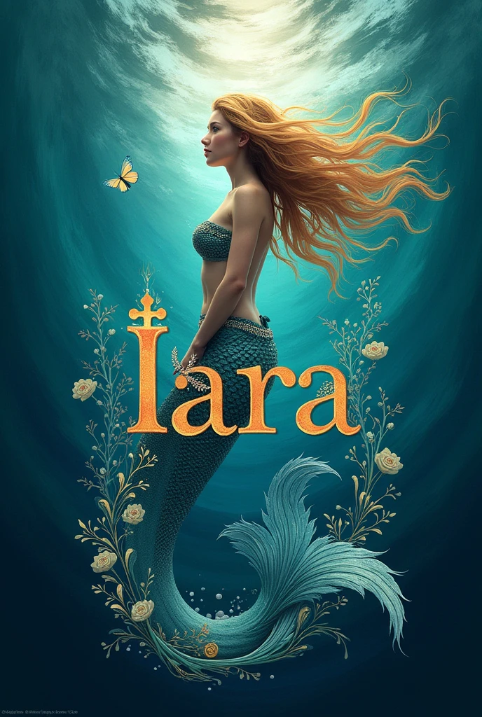 The name Iara decorated with something that refers to mermaids, to the bottom of the sea, and the Atlantic