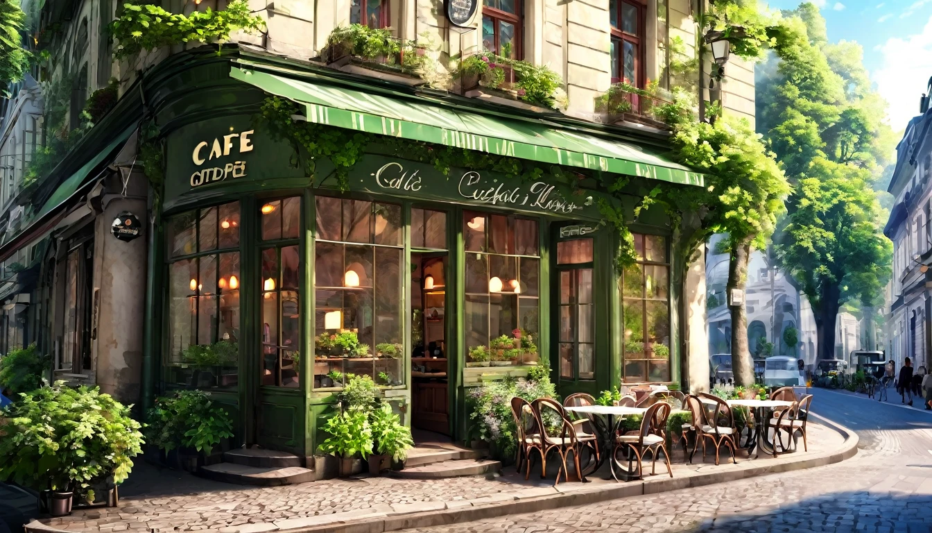 Beautiful old cafe on a street corner . The cafe is filled with nature lovers..