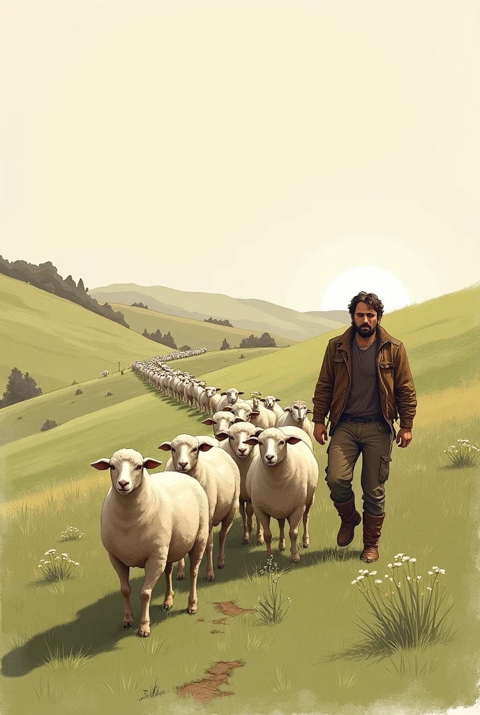 Make a sketch of a shepherd leading small sheep across the hills.