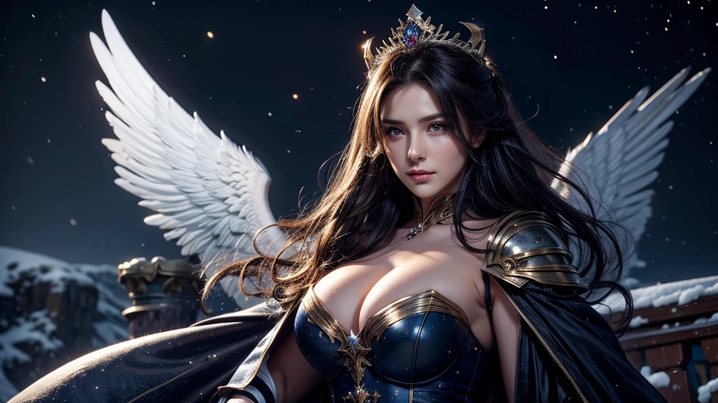 masterpiece, rest, best quality, Very detailed, Super real, 16K, high resolution, castle,snow, ((Starry Sky)),Female Mage,Gorgeous robe,Complex Mode,Pretty Face,Closed mouth,dramatic,Upper Body,Glowing scepter,Black Wings,Large Breasts
