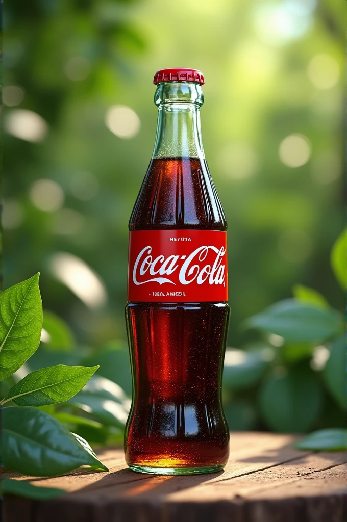 Coca cola on table and leaves