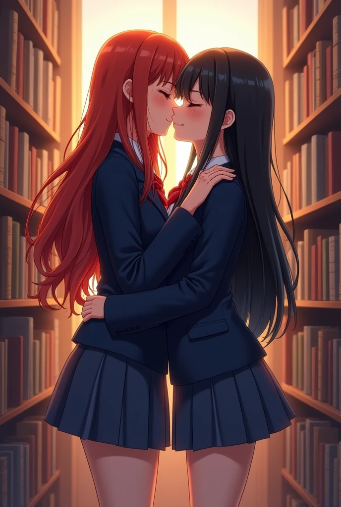 Image 15,88 × 23,50 cm. A lesbian couple kissing. A 17 year old redhead with long hair wearing a school uniform, navy blue blazer and pleated skirt and the other, 17 years old, with long black hair, wearing the same pleated skirt and white blouse. room with books, college. The image for the book cover