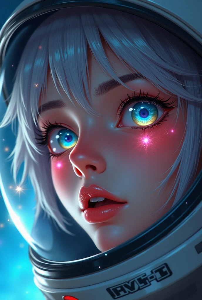 (Close-up of a better masterpiece:1.5)0.9], (Space and astronauts:1.2) (Messy silver hair:1.1) (Heterochromia xanthochromia and blue eyes:1.2) (Space Helmet:1.0) (Colored stars in the eyes:1.0) (A radiant glow:1.1) (thick lips:0.9)