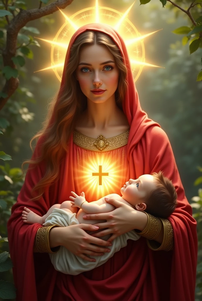 Perfect hand 5 finger, Portrait of a beautiful virgin mary and baby Jesus Christ. wearing red clothes  shining the light from her head and heart all over in the garden of Eden, virgin mary and baby Jesus Christ, real blue eyes, sunny day, intricate details.real virgin mary and baby Jesus Christ, straight head face, Straight body.Prayer virgin mary and baby Jesus Christ, perfect full body,  perfect hands finger,Prayer virgin mary and baby Jesus Christ, praying virgin mary and baby Jesus Christ backgrounds natural photographic