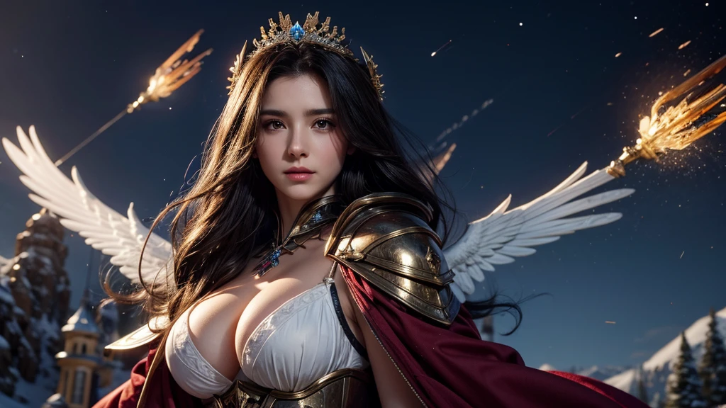 masterpiece, rest, best quality, Very detailed, Super real, 16K, high resolution, castle,snow, ((meteor)),Female Mage,Gorgeous robe,Complex Mode,Pretty Face,Closed mouth,dramatic,Upper Body,Glowing scepter,Black Wings,Large Breasts