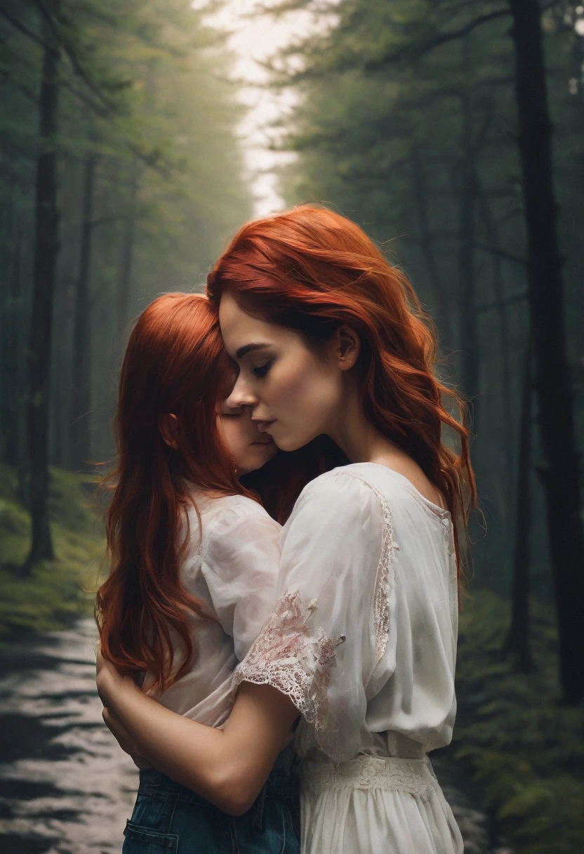 There is a woman holding a on her shoulders, a photo of irakli nadar, tumblr, Digital art, with a girl, Hermosa photo, emotional image, redhead girl, alena aenami and lilia alvarado, beautiful realistic photo, beautiful, Absolutely exceptional image, very beautiful photo, (Digital art), maternal, young and cute