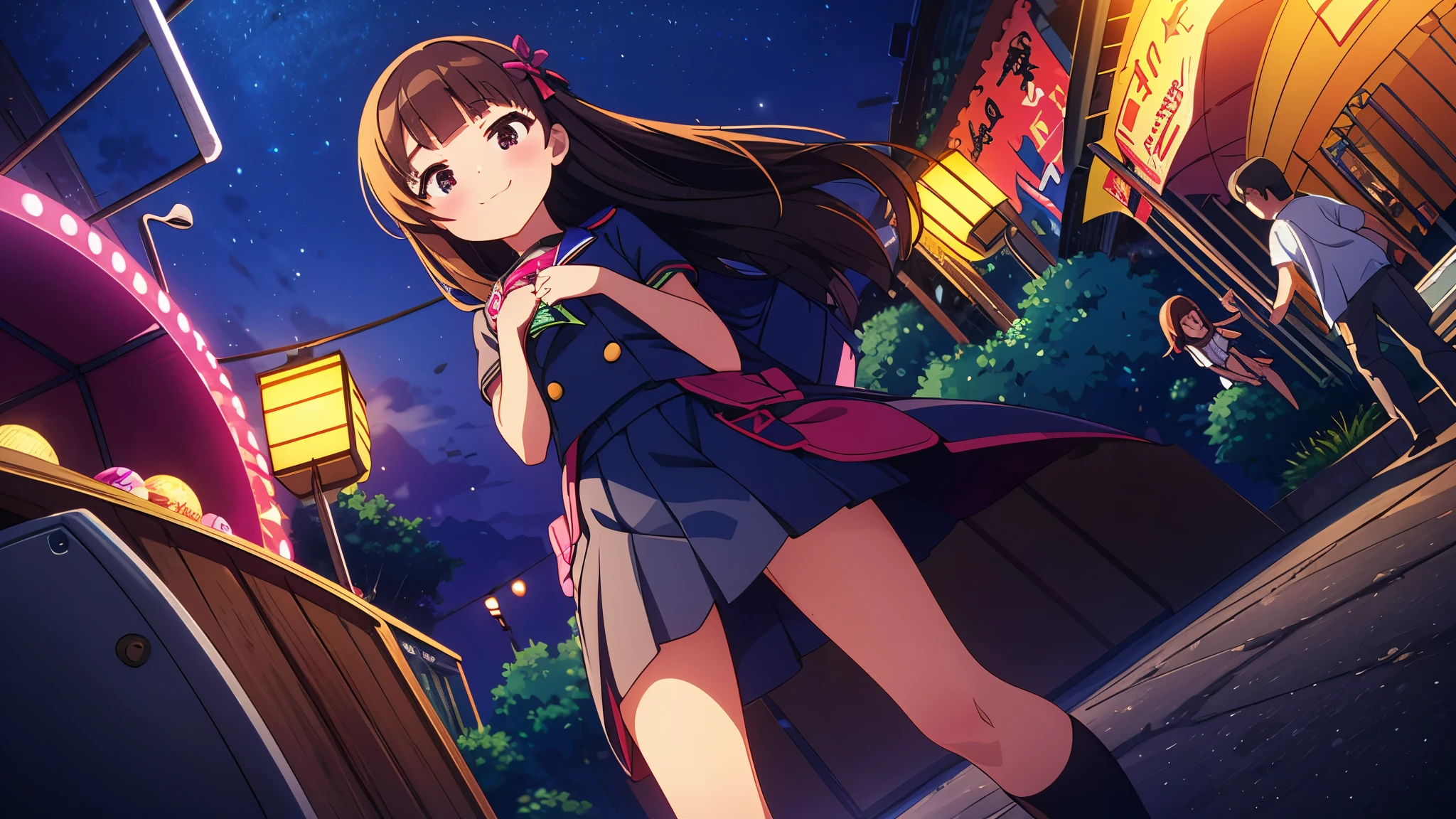 {Of the highest quality], [Super beautiful], [Ultra Fine], [best illustration], NSFW,Brown hair, hime cut, by the width, with bangs, Girl,high school student,uniform,tissue,short sleeve,Skirt,smile, blush, Thin women, adult women,standing posture,(public),night park,summer festival,diagonal, Navy Blue Knee High Socks,black bread