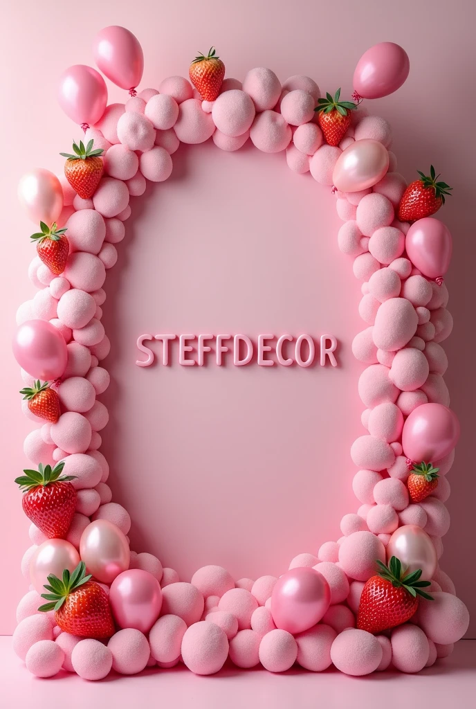 create a large sign with pink clouds pink chocolate strawberries and balloons in the middle written STEFFDECOR with pastel colors