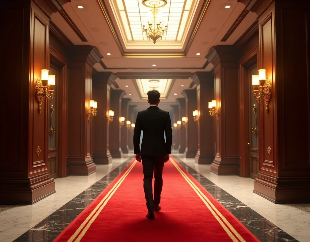 Inside a luxury cruise ship、Red carpet、Black suit、Unfurnished、