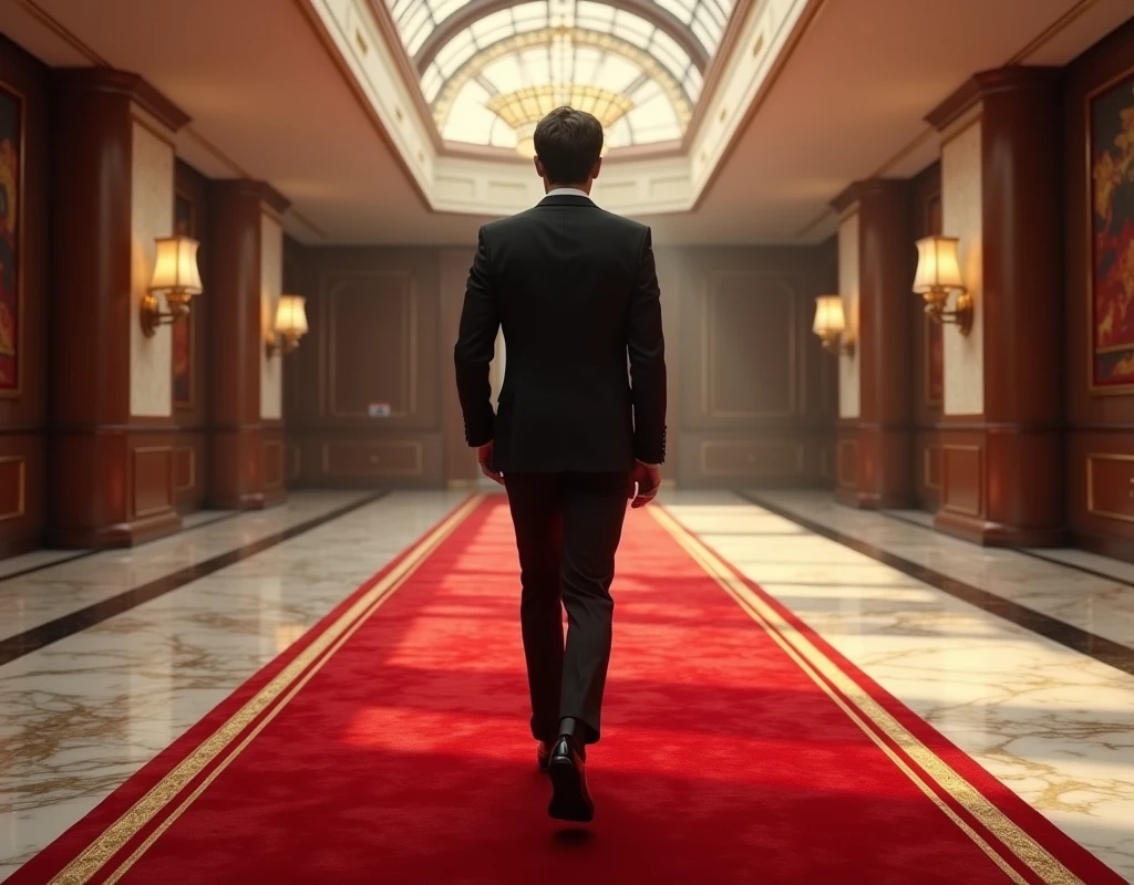Inside a luxury cruise ship、Red carpet、Black suit、Unfurnished、