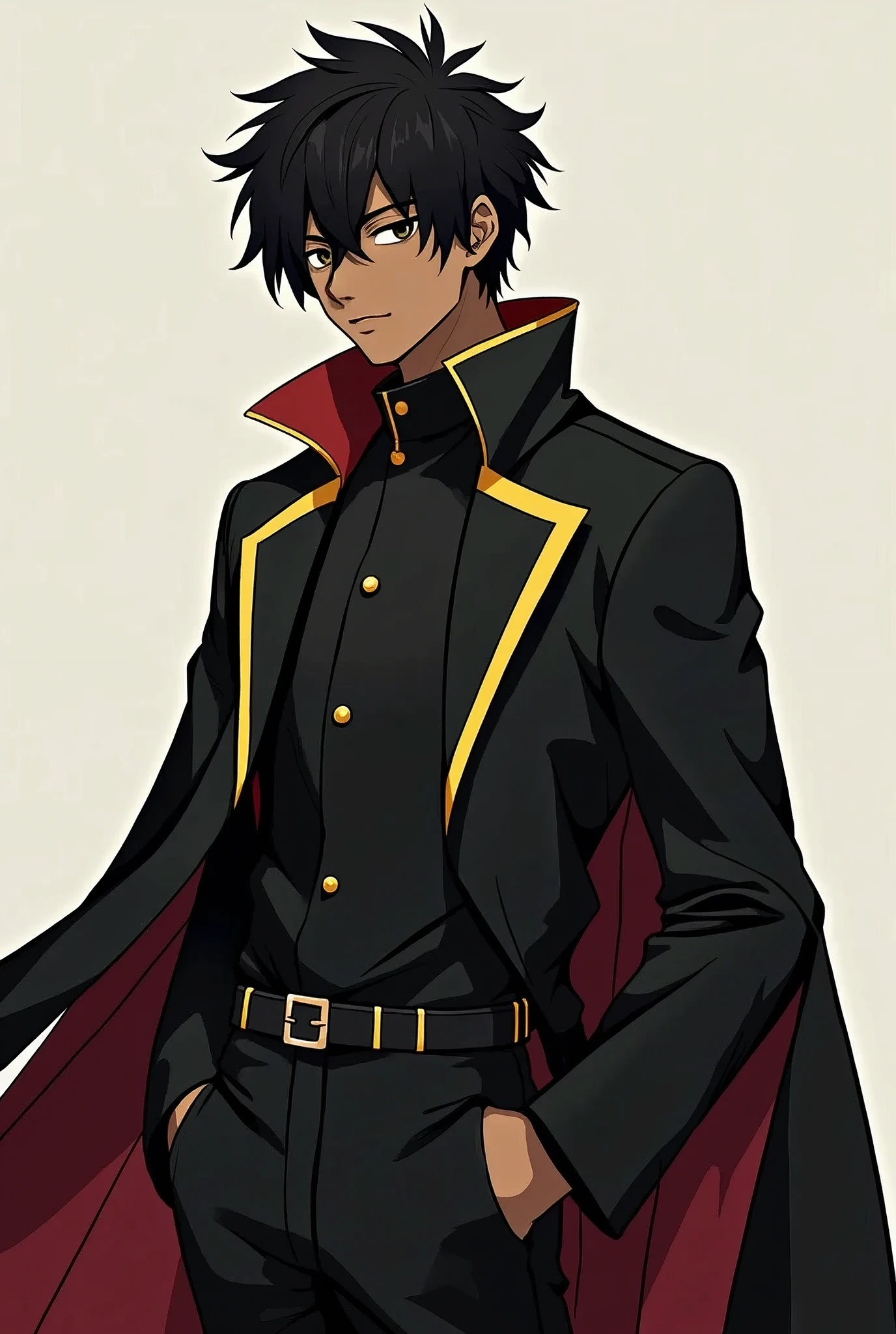 male character, with dark skin tones, black overcoat with yellow details used as a cape, his hair is black and he is a 19 year old boy