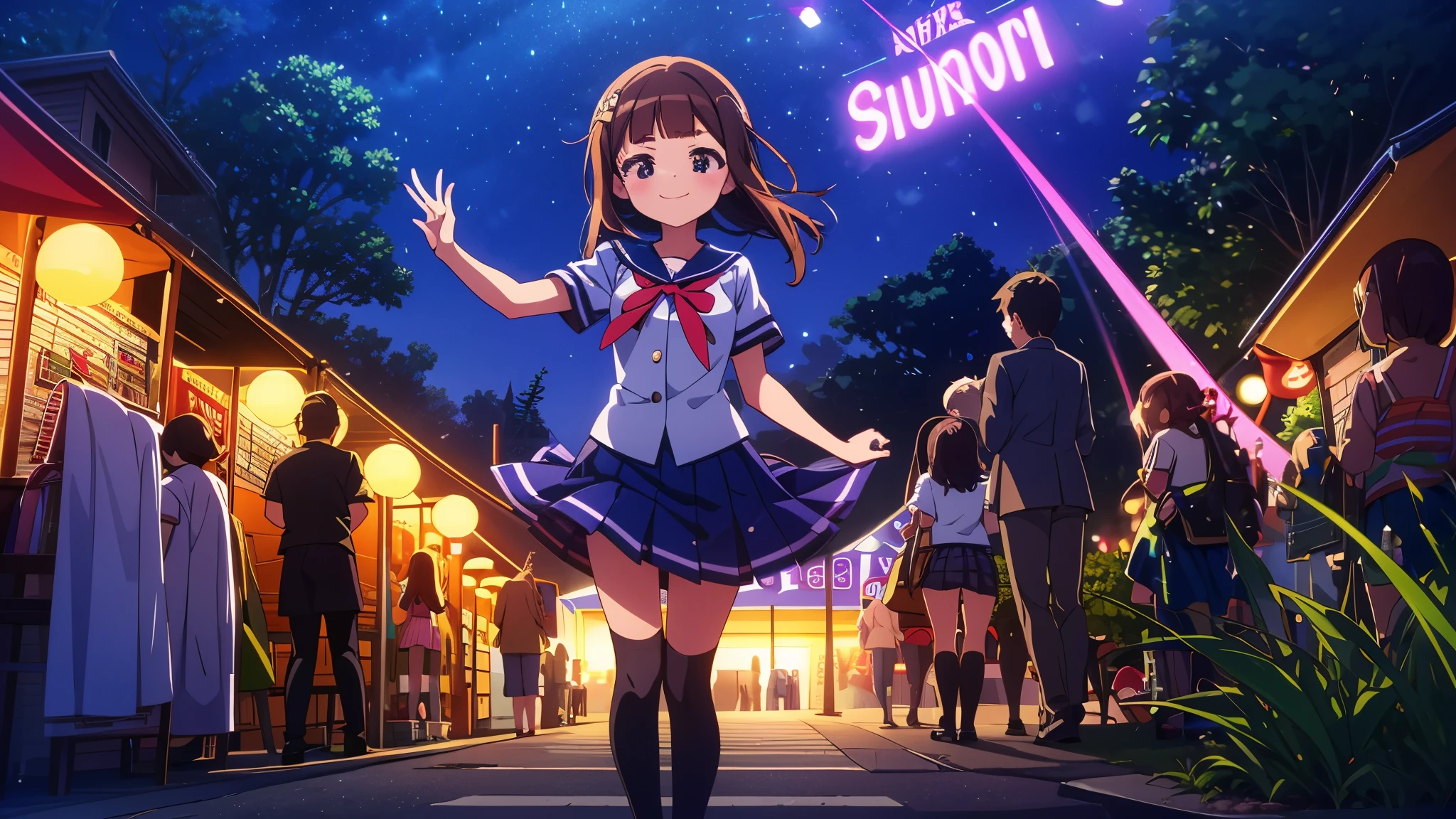 {Of the highest quality], [Super beautiful], [Ultra Fine], [best illustration], NSFW,Brown hair, hime cut, by the width, with bangs, Girl,high school student,uniform,tissue,short sleeve,Skirt,smile, blush, Thin women, adult women,standing posture,(public),night park,summer festival,diagonal, Navy Blue Knee High Socks,black bread