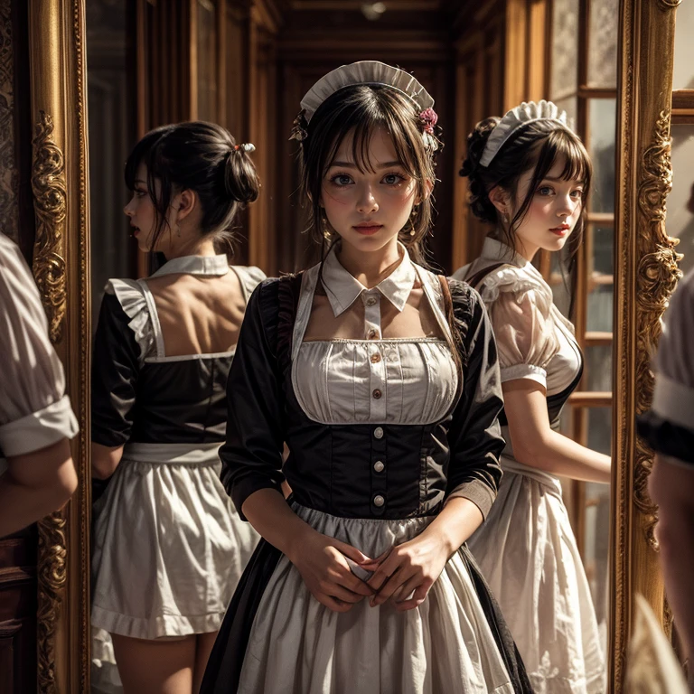 (Extremely Detailed((Kawaii Maid Group in a row:1.37))), Childish perfect face, Reflective Eyes, Detailed(Delicate Clothing textures), Dynamic Joyful Expressions LifeLike Rendering, (Specular Reflection:1.2), TopQuality 8K Ultra-detailed masterpiece (ProfessionalPhoto:1.37), (Acutance:0.8), (Luminism:1.28), (Renaissance art style), (Colorful Light particles:0.75), (Muscle:-0.5), ((Full body from side)), SkirtLift, glossy floor, Radiant Fine Skin with Transparency, (Exposed:0.4)