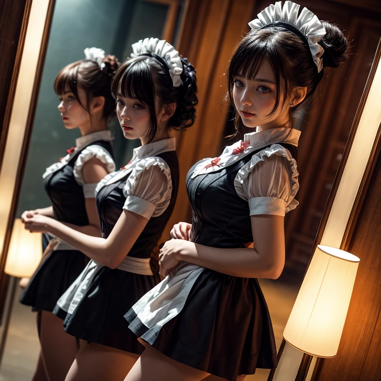 (Extremely Detailed((Kawaii Maid Group in a row:1.37))), Childish perfect face, Reflective Eyes, Detailed(Delicate Clothing textures), Dynamic Joyful Expressions LifeLike Rendering, (Specular Reflection:1.2), TopQuality 8K Ultra-detailed masterpiece (ProfessionalPhoto:1.37), (Acutance:0.8), (Luminism:1.28), (Renaissance art style), (Colorful Light particles:0.75), (Muscle:-0.5), ((Full body from side)), SkirtLift, glossy floor, Radiant Fine Skin with Transparency, (Exposed:0.4)