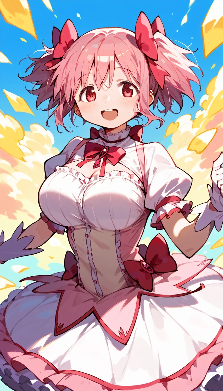 (masterpiece), best quality, 1girl, huge breasts, pink hair, madoka \(Puella Magi Madoka Magica\), short twintails, magical girl, standing, smile, open mouth, happy, looking at viewer, 