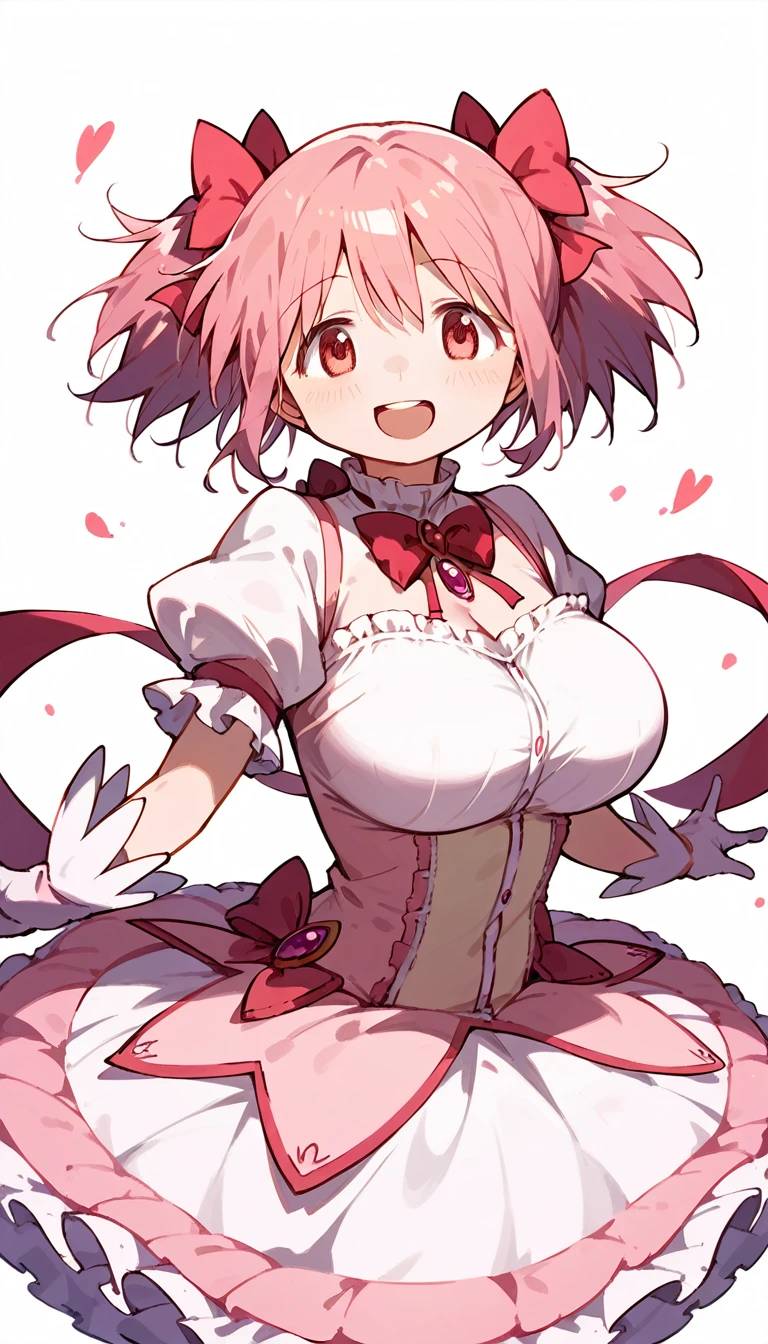 (masterpiece), best quality, 1girl, huge breasts, pink hair, madoka \(Puella Magi Madoka Magica\), short twintails, magical girl, standing, smile, open mouth, happy, looking at viewer, 