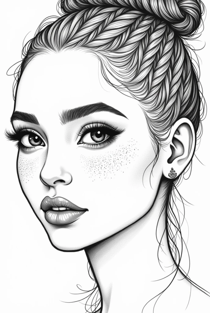 Portrait of young beautiful biracial woman, dimples in cheeks, beautiful eyes, line art, coloring book, realistic, hyper detailed, braided updo with baby hairs. Masterpiece, Best Quality,Super High Resolution, Ultra realistic, extremely gorgeous, Stunning beauty, freckles 0.1, beauty marks, confident an alluring beautiful ethnic woman, slanted eyes, (realistic:1.3), hyper detailed, photorealistic, line art portrait, cinematic composition, hyper intricate details, hyper detailed, photorealistic, portrait, masterpiece, High-quality illustration,