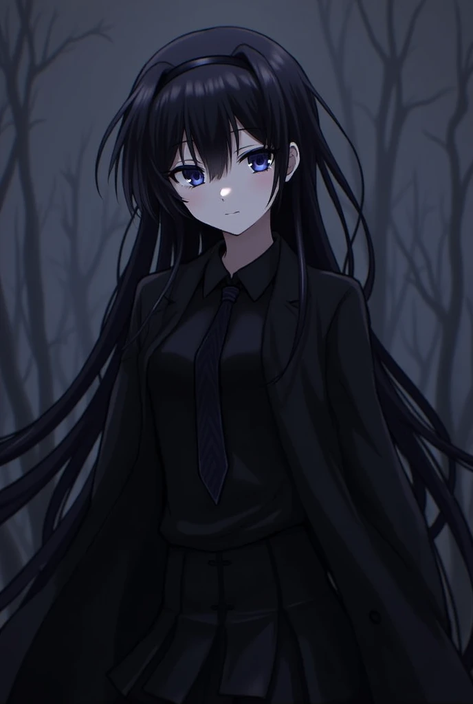 ((Touhou Project)),((Black tie))All-black outfit,((Mysterious)),((Black Hair))((Beautiful Eyes)),((masterpiece)),((Highest quality)),((My eyes are visible through my bangs)),((alone)),((Dark blue pupils)),((Beautiful shining eyes)),((Black Shirt)),((Wearing a black overcoat)),((Wearing a black mini skirt,She wears long black tights under her skirt,((A slim body)),((Black headband)),,((I can see my eyes through my hair)),((Wearing black gloves)),(Walking in a world of darkness