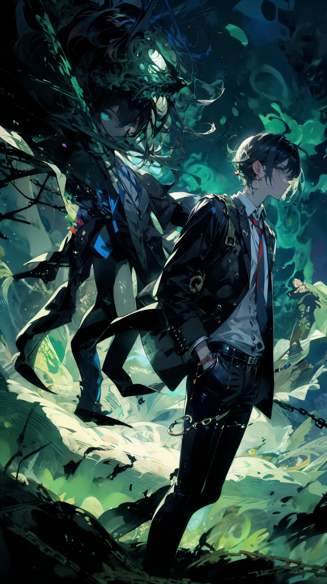 teenager, dressed in a somber uniform, stands defiant against a haunting landscape. A colossal, grotesque hand breaches their back, as if a part of them. Dark clouds and an insidious green mist create a sinister atmosphere, hinting at a supernatural struggle, (high quality), (masterpiece), (detailed), 8K, Anime style character with (cool and edgy tattoos1.3), dressed in (fashionable clothing1.2), posing confidently. Expression fierce, stylish accessory coiled around arm. Thicker outlines emphasize striking, modern fashion, vibrant palette enhances scene.