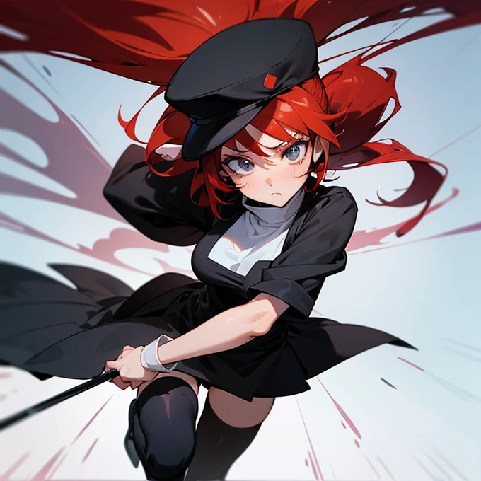 masterpiece, top quality, ultra detailed, Hyperreal, 16 thousand., a high resolution, girl with red hair and two ponytails, black and white woolen hat, Riruka from anime bleach, wearing a black dress with a white center, black thigh high stockings, Tsundere face, Riruka Dokugamine&#39;s tsundere