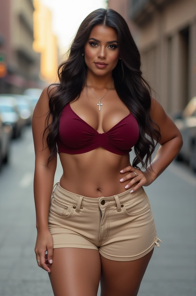 beautiful woman, 29 years old, girl with wine red crop top, half , Best Quality, big breasts, with one hand on the hip , silver necklace with a cross, alone, beige shorts with thick thighs and high legs,nice legs、Beautiful abs, standing on a corner, that measures 1.80