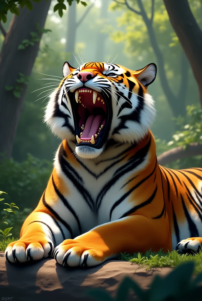A tiger yawning