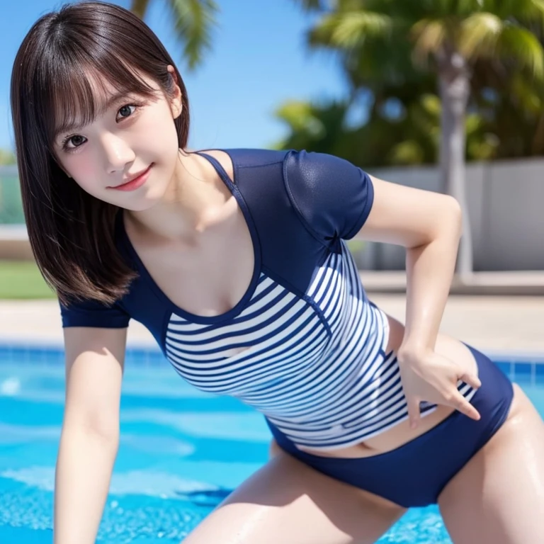 Tight T-shirt、Navy blue and white stripes school swimsuit、huge 、25-year-old photo idol、shining, Oily skin、shining thighs、Sexy look、Sexy pose、School poolside