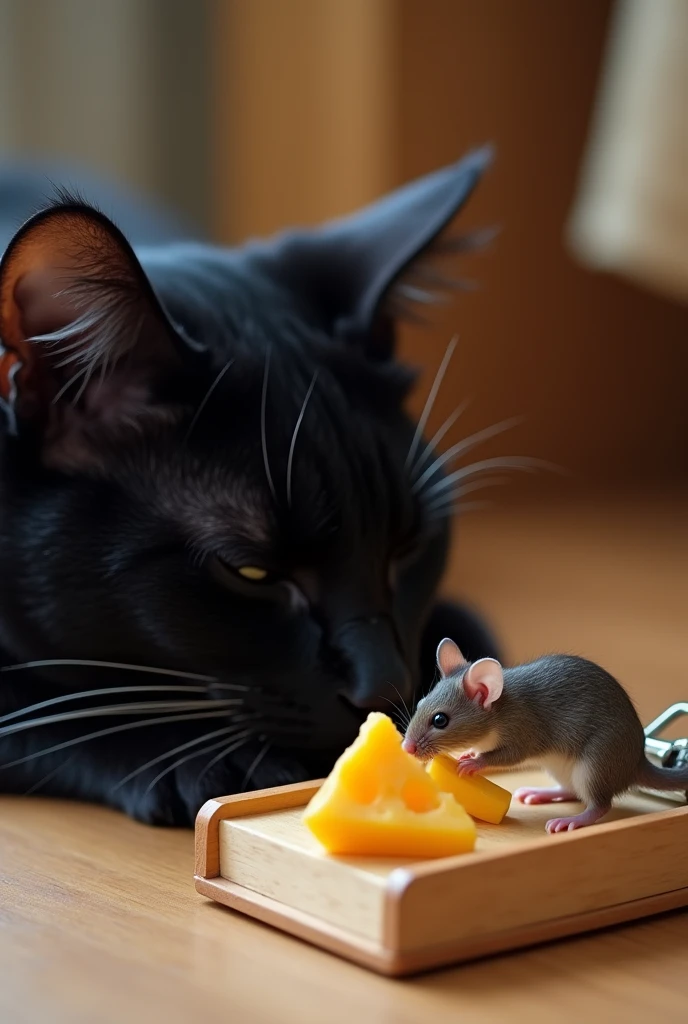 I need a picture of a black cat sleeping in the kitchen and in a corner of the kitchen a scared mouse because it lost its tail in a mousetrap with a cheese on it.