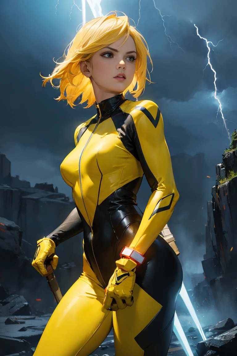 a powerful thunder ranger with a beautiful face, small breasts, wearing a tight suit, with yellow hair, wielding alien weapons, against a dramatic thunder backdrop, ultra-detailed, 8k, highly realistic, cinematic lighting, dramatic colors