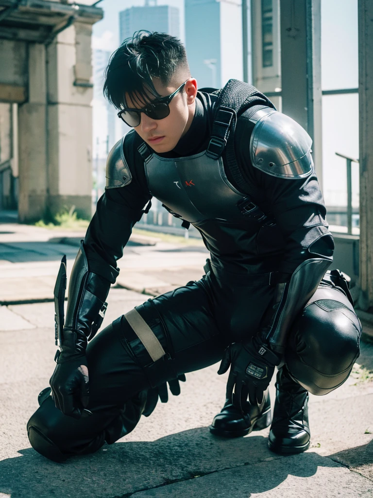 ((Best Quality, 8K, ultra-detailed, Masterpiece: 1.3)), 1boy, shiny skin, sharp, Perfect Body Beauty, realistic shaded perfect body ,("bodysuit, techwear,big bulge ":1.2),("leggins , armor":1.1),("glove, armor":1.1 ),(techwear)(dynamic pose:1.1), thigh , battle field , (bulge focus:1.2) ,squatting, huge fat buttock , torn bodysuit , broken bodysuit