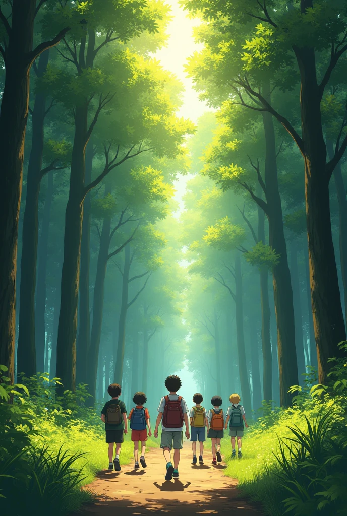 Create a masterpiece, anime, Enlarged view from the front, Depression with 5 or more kids walking around happily, forest, Backpack, wood, sun, sunlight, High-resolution wallpapers, ( ( Makoto Shinkai ) ), Official Art, Gwaiz and Makoto Shinkai, artwork in the style of Gwaiz, Gwaiz, ross tran and Makoto Shinkai, Gwaiz on pixiv artstation