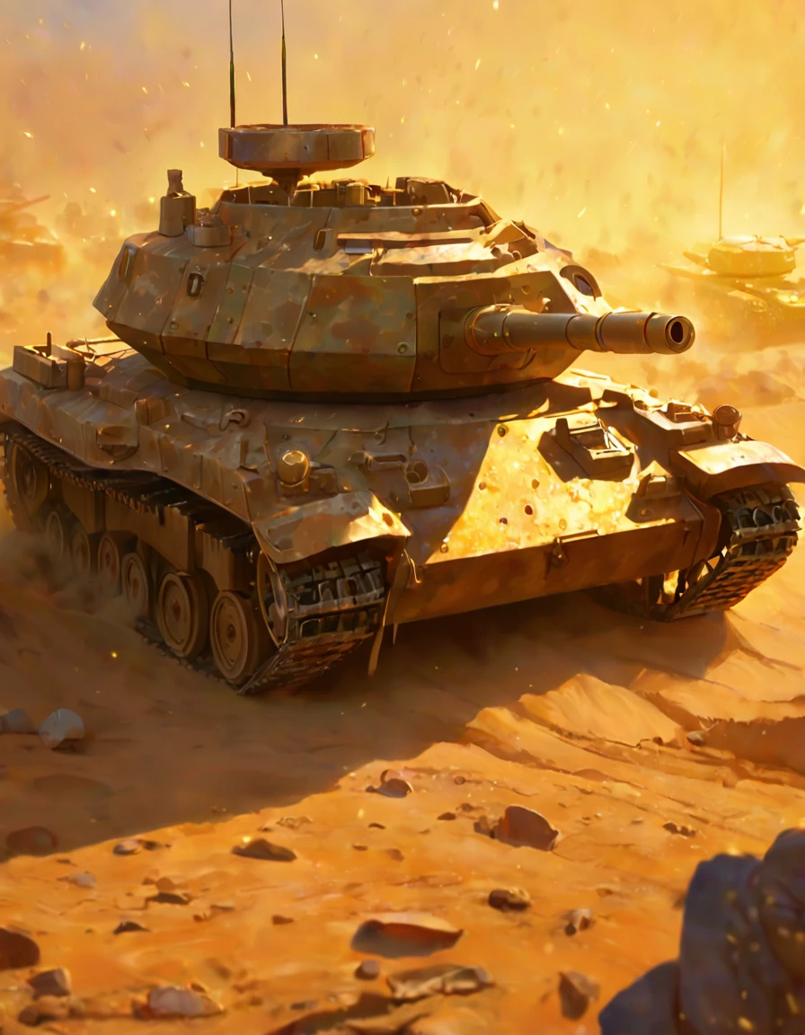 A close-up shot of a heavily armored tank's turret, its camouflage pattern blending with the dusty terrain as it rumbles through a war-torn battlefield. The morning sunlight casts a golden glow on its metallic surface, highlighting the intricate details of its armor plating.