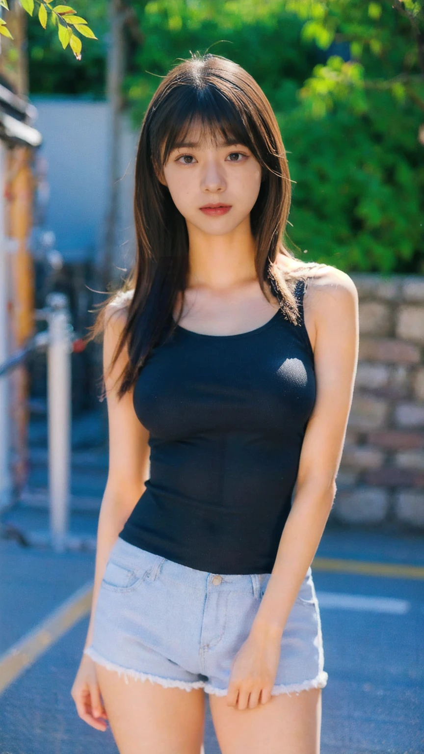 ((Outside)), (8k, RAW Photos, Highest quality, masterpiece:1.2), Looking at the audience, Viewed from the front, ((性欲が強いhigh school girl:1.3))、Beautiful white skin, knees, Absurd face is small, Part your bangs down the middle, The forehead is visible, Glare, ((Face of ecstasy:1.3)), Ultra-high resolution, cute, (Slender body line), (Outstanding proportions), ((Stylish black top and sexy pants:1.3)), high school girl, (Baby Face:1.6), Japanese women, Are standing, (Photorealistic:1.37), Photon Mapping, Realistic, cute顔が小さい, Brown eyes, prospect, Written boundary depth, Blurred Background, (I can see the bangs), Silky smooth hair, (Slim Belly:1.2), (Beautiful thin thighs:1.2), (Small beautiful butt:1.2), (Curved waist:1.2), thigh, Nogizaka idol, Idol, (Detailed hands:1.3, Accurate hands:1.3, Beautiful little hands of a girl:1.3), (Small small breasts:1.3, Beautiful underboobs:1.3), Super quality, Low people, (Clear white skin, Skin with visible pores:1.2), (Focus on the face), Check and correct the garment construction, (Perfect Anatomy:1.3), (Detailed eyes and face:1.3, Professional photography techniques), (Perfect Anatomy:1.3)