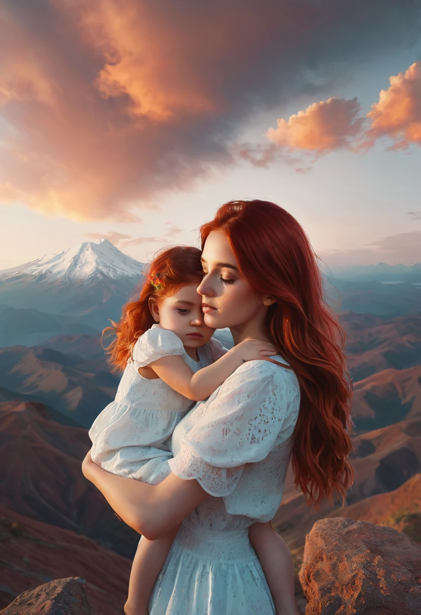 There is a woman holding a on her shoulders, a photo of irakli nadar, tumblr, Digital art, with a girl, Hermosa photo, emotional image, redhead girl, alena aenami and lilia alvarado, beautiful realistic photo, beautiful, Absolutely exceptional image, very beautiful photo, (Digital art), maternal, young and cute
