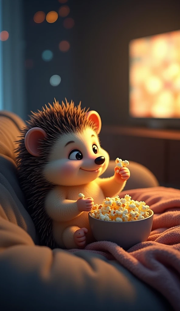 A cute and charming hedgehog character is cozily nestled on a soft sofa, watching a movie while munching on popcorn. The hedgehog, with a content and relaxed expression, holds a tiny bowl of popcorn in its paws, happily popping each piece into its mouth. The room is dimly lit, with the glow of the TV casting a warm light over the scene. The sofa is piled with fluffy cushions and a cozy blanket, making the setting even more inviting. As the movie plays, the hedgehog’s eyes are wide with interest, and it occasionally pauses to take another handful of popcorn. This heartwarming scene captures the simple joy of a relaxing movie night, highlighting the hedgehog’s endearing nature and love for comfort.