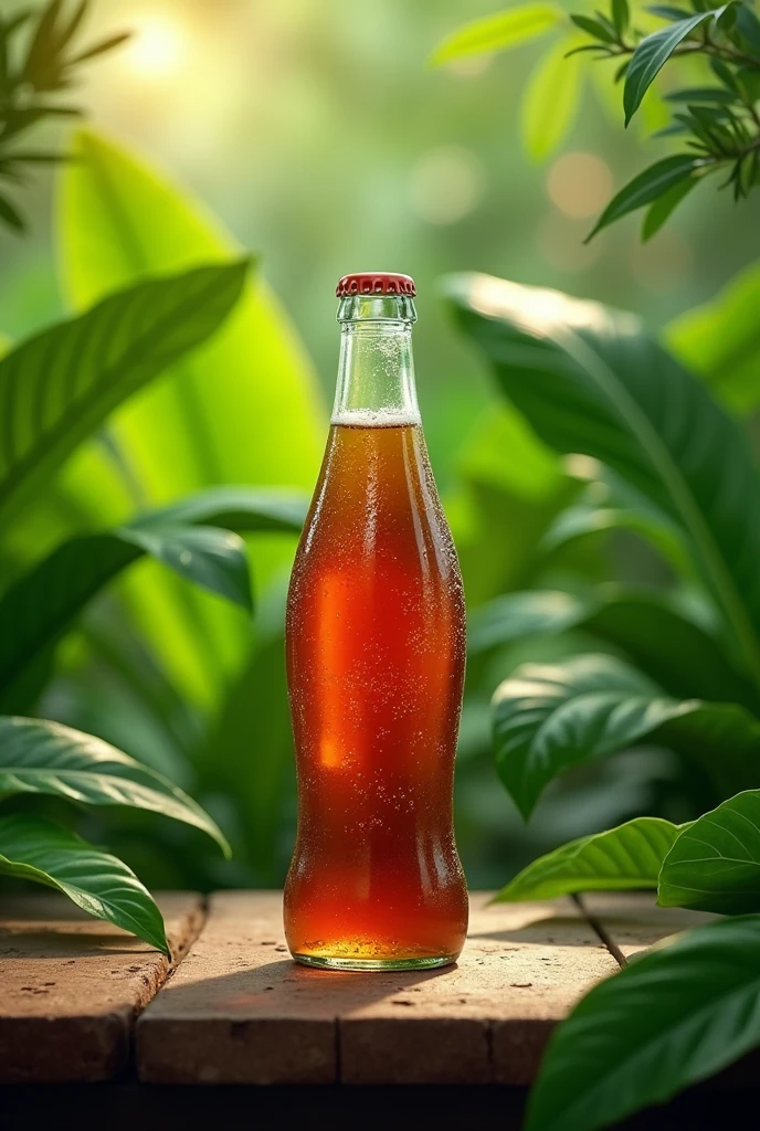 Bottle of manaus cola on table leaves around